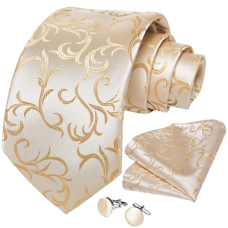 DiBanGu Mens Tie Set Silk Solid Paisley Necktie and Pocket Square Cufflinks Classic Formal Ties for Men Wedding Party, Champagne Gold - Image 3